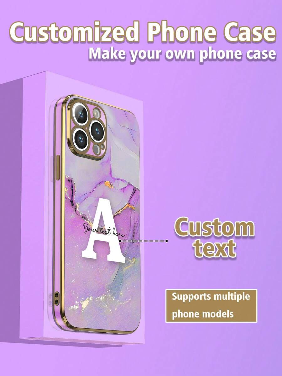 1 pieza Funda de teléfono a prueba de caídas con patrón de mármol, estilo de firma personalizable con texto, estilo electrochapado 6D en color púrpura TPU, compatible con Apple/ Galaxy/Redmi/OPPO/ 17 Pro Max/16 Pro Max/Galaxy A05/A54 5G/A52/A52s 5G/S21 FE 5G/S23 Ultra/S24 Ultra 5G/Poco X5 Pro