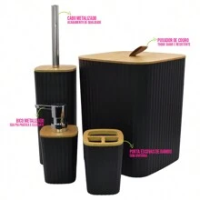 4-Piece Bathroom Lavatory Kit With Bamboo, Trash Can, Toilet Brush, Toothbrush Holder And Liquid Soap - 黑色 - 查看 3