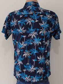Men's Printed Floral Dress Shirt, Short Sleeve In Viscose - 藏蓝色 - 查看 2