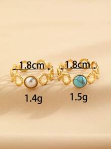 Bộ 2 chiếc nhẫn hở bằng thép không gỉ mạ vàng cổ điển, khảm đá ngọc lam xanh và ngọc trai trắng, thích hợp cho nữ giới đeo hàng ngày hoặc làm quà tặng. - Vàng - Xem 3