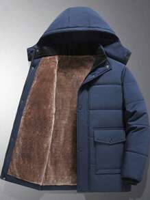 Men Thick Fleece Removable Hood Warm Winter Jacket - Blue - View 2