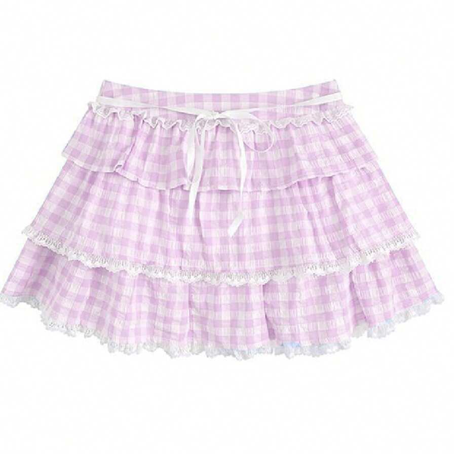 Women Y2K Plaid Mini Skirt Gingham Ruffle Lace Hem Layered Short Skirts With Lining Shorts Sexy Cute Pleated A-Line Mini Skirt - 紫色 - 查看 1