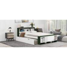Full Size Platform Bed With Trundle,Storage Headboard And Footboard,USB Charging Design,White+Natural(Expected Arrival Time:10.17) - Trắng + Xanh lá + Gỗ đặc + MDF + Toàn bộ - Xem 8