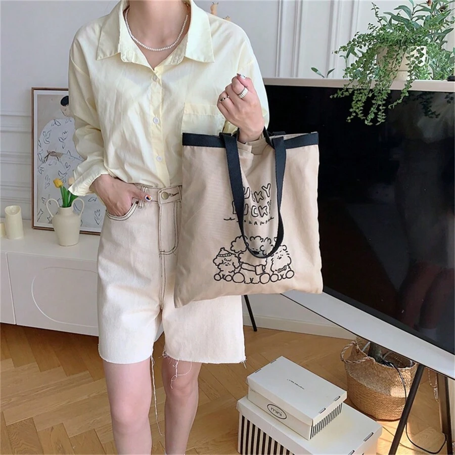 Canvas Tote Bag With Ribbon & Embroidery Design, 2Way Shoulder