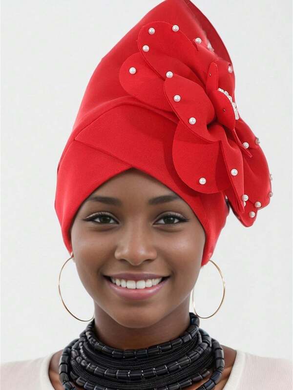1pc Women's Fashion Beanie Hat With Vintage Studded Pearl Large Floral Pattern, Solid Color Head Wrap, African Headscarf, Hijab