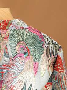 2026 Spring/Autumn/Winter New Chinese Style Stand Collar Tang Suit Top For Women, Long-Sleeved Cheongsam Jacket, Short Cotton-Padded Jacket, Cardigan, Floral And Bird Pattern, Classic Chinese Knot Button Design, Faux Pockets, Rolled Sleeves, Asian Size, No Stretch, Suitable For Everyday/Holiday/Casual/Vacation/Social/Party/Travel Outerwear - 彩色 - 查看 8