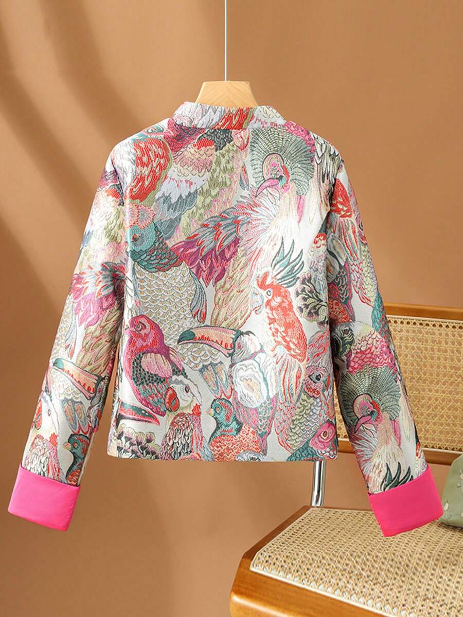 2026 Spring/Autumn/Winter New Chinese Style Stand Collar Tang Suit Top For Women, Long-Sleeved Cheongsam Jacket, Short Cotton-Padded Jacket, Cardigan, Floral And Bird Pattern, Classic Chinese Knot Button Design, Faux Pockets, Rolled Sleeves, Asian Size, No Stretch, Suitable For Everyday/Holiday/Casual/Vacation/Social/Party/Travel Outerwear - 彩色 - 查看 1
