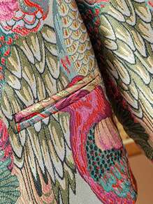 2026 Spring/Autumn/Winter New Chinese Style Stand Collar Tang Suit Top For Women, Long-Sleeved Cheongsam Jacket, Short Cotton-Padded Jacket, Cardigan, Floral And Bird Pattern, Classic Chinese Knot Button Design, Faux Pockets, Rolled Sleeves, Asian Size, No Stretch, Suitable For Everyday/Holiday/Casual/Vacation/Social/Party/Travel Outerwear - 彩色 - 查看 6