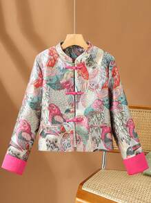 2026 Spring/Autumn/Winter New Chinese Style Stand Collar Tang Suit Top For Women, Long-Sleeved Cheongsam Jacket, Short Cotton-Padded Jacket, Cardigan, Floral And Bird Pattern, Classic Chinese Knot Button Design, Faux Pockets, Rolled Sleeves, Asian Size, No Stretch, Suitable For Everyday/Holiday/Casual/Vacation/Social/Party/Travel Outerwear - 彩色 - 查看 3