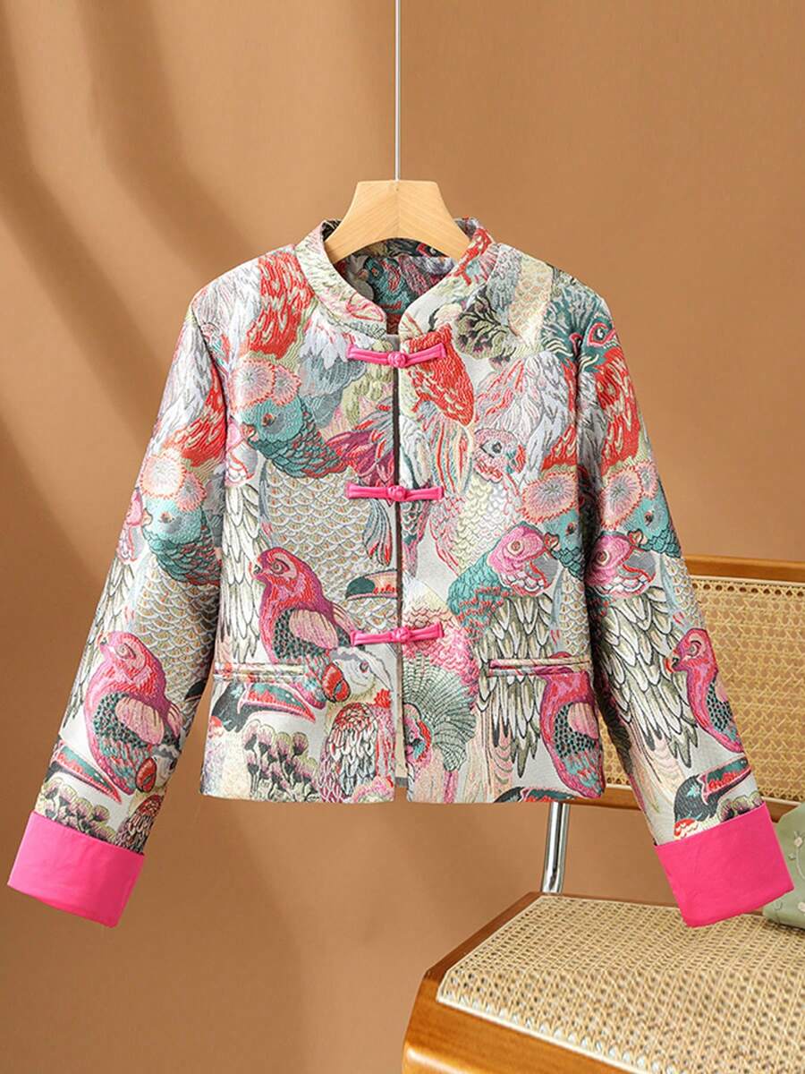 2026 Spring/Autumn/Winter New Chinese Style Stand Collar Tang Suit Top For Women, Long-Sleeved Cheongsam Jacket, Short Cotton-Padded Jacket, Cardigan, Floral And Bird Pattern, Classic Chinese Knot Button Design, Faux Pockets, Rolled Sleeves, Asian Size, No Stretch, Suitable For Everyday/Holiday/Casual/Vacation/Social/Party/Travel Outerwear - Multicolor - View 1