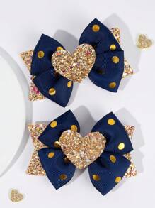2pcs Navy Blue Hair Clips With Gold Polka Dot Pattern, Shiny Sequin Hair Clips With Gold Heart, Suitable For Girls And Teenagers - Navy Blue - View 9