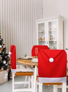 4 Vỏ bọc ghế Giáng sinh, Thiết kế mũ ông già Noel, Vải không dệt, Lưng ghế - Thích hợp để trang trí Giáng sinh - Đỏ - Xem 4