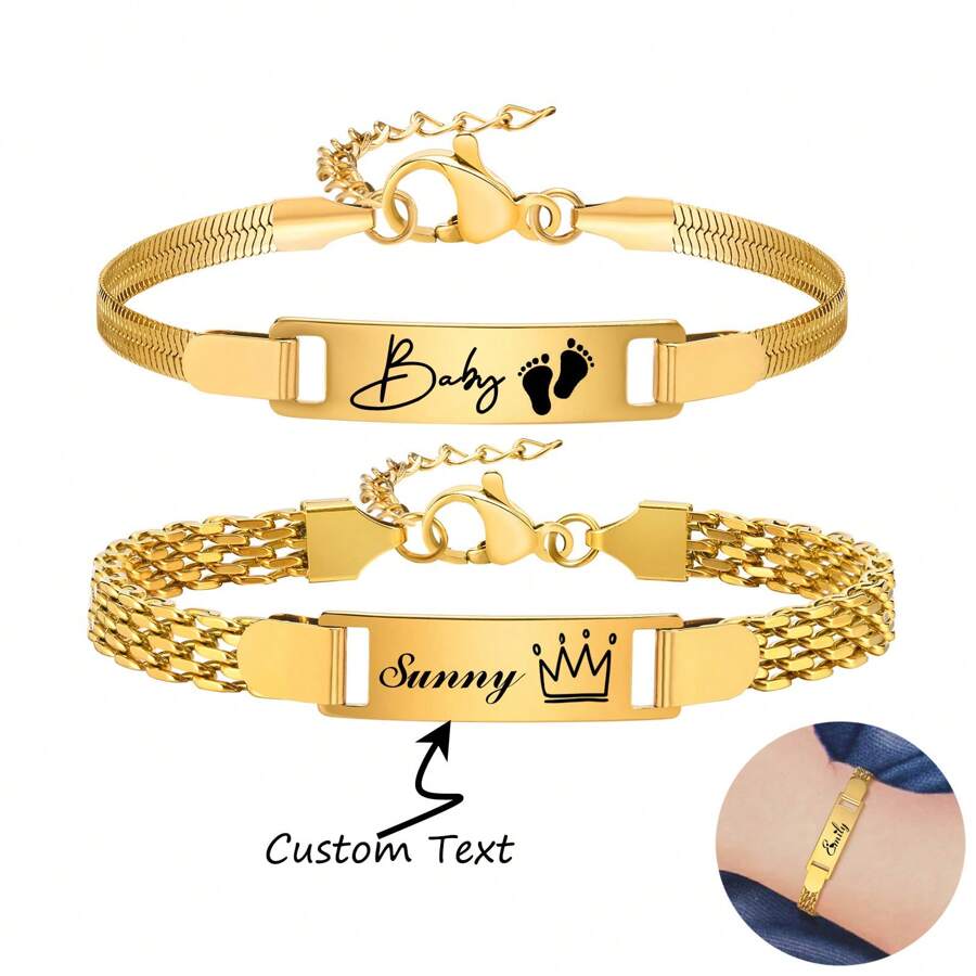 1pc Personalized Bracelet For Boy Girl, Couple Combination Bracelet, Stainless Steel Engraved Name Date Son Daughter Mom Baptism Gift Funny Secret Santa Gifts Back, Son, Daughter - Multicolor - View 1