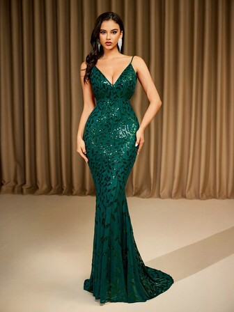LOVE&LEMONADE Grön V-ringad Spaghetti Strap Paljett Backless Golvlång Aftonklänning, Bröllopsklänning, Formell balklänning, Gästfestklänning för bröllop