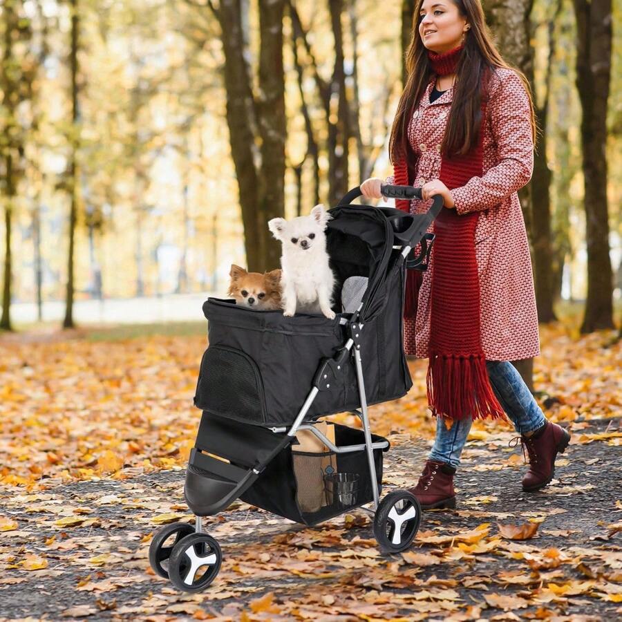 Pet Stroller For Cats And Dogs 3 Wheels Carrier Strolling Cart With