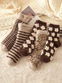 1 đôi/5 đôi tất nữ cổ cao dày dặn, họa tiết ngẫu nhiên, chất liệu nhung lông chồn, ấm áp, kiểu dáng Anh cổ điển cho mùa thu/đông. - Nhiều màu - Xem 12