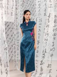 Short Sleeve Knot Button Split Thigh Jacquard Floral Designs New Chinese Style Cheongsam Qipao Dress - Blue - View 2