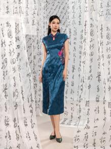 Short Sleeve Knot Button Split Thigh Jacquard Floral Designs New Chinese Style Cheongsam Qipao Dress - Blue - View 5