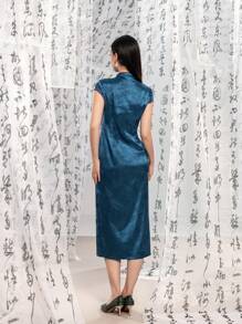 Short Sleeve Knot Button Split Thigh Jacquard Floral Designs New Chinese Style Cheongsam Qipao Dress - Blue - View 3