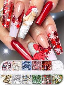 FULL BEAUTY 12 Lưới Bông Tuyết Mùa Đông Kim Sa Lấp Lánh Móng Tay Hỗn Hợp Đỏ Xanh Lá Vàng Trắng Sao Lấp Lánh Bột Gương Nghệ Thuật Làm Móng Sắc Tố Trang Trí Làm Móng - Nhiều màu - Xem 3