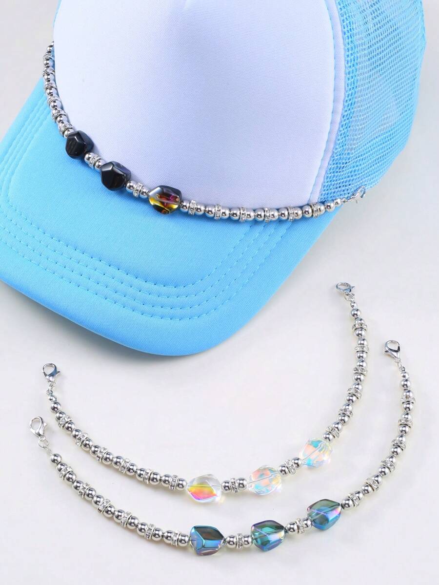 1 件串珠不对称玻璃珠帽子装饰链（不含帽子） - 彩色 - 查看 1