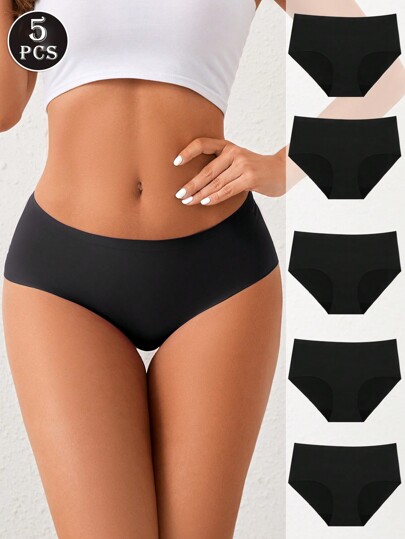 Conjunto de 5 calcinhas de biquíni respiráveis de seda gelada sem costura, calcinhas de cor sólida confortáveis e elásticas para uso diário feminino, roupa íntima e lingerie feminina