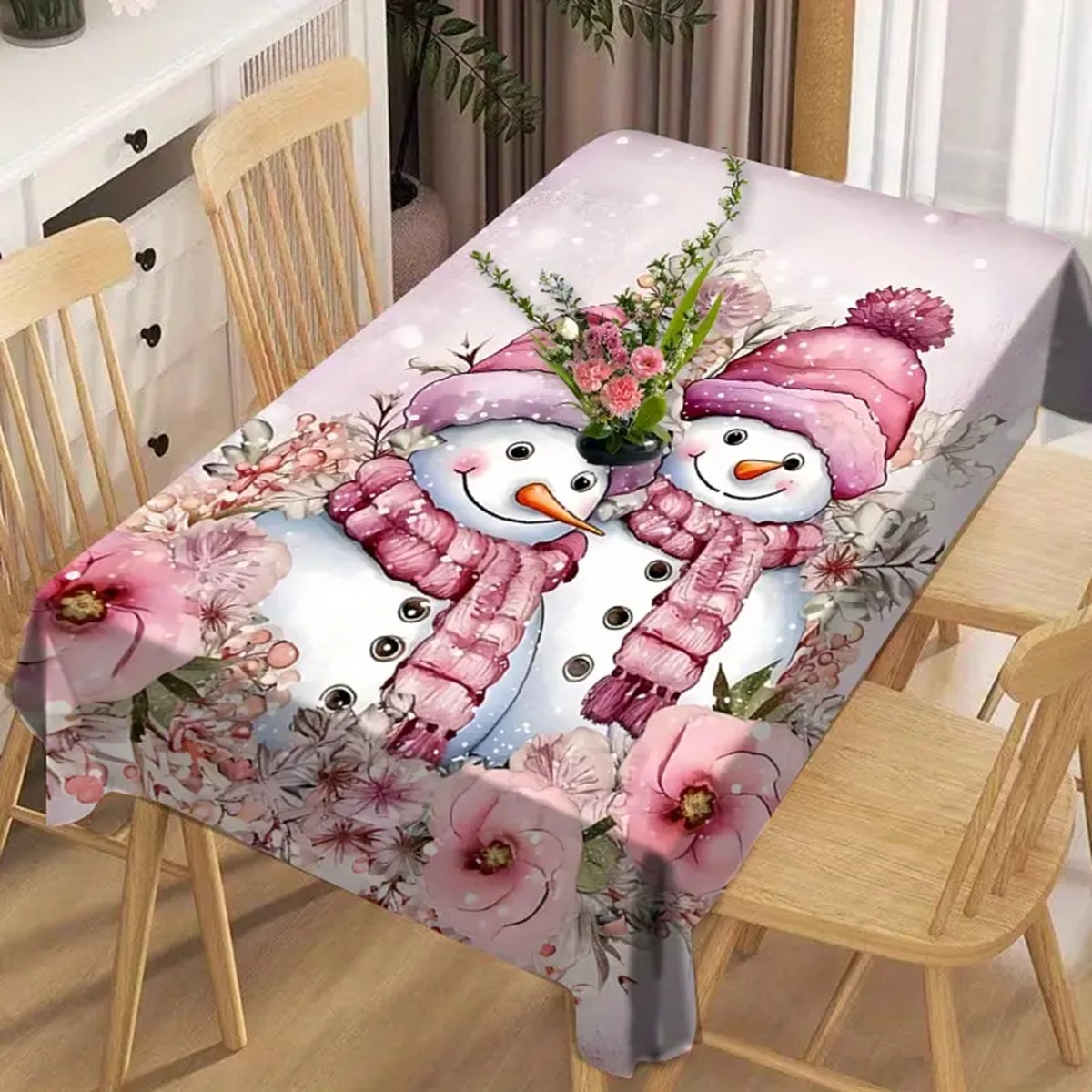1 pezzo Tovaglia in poliestere realizzata a macchina, con stampa di pupazzi di neve in stile invernale, impermeabile e anti-olio, decorazione a tema natalizio per tavola da pranzo, cucina e feste