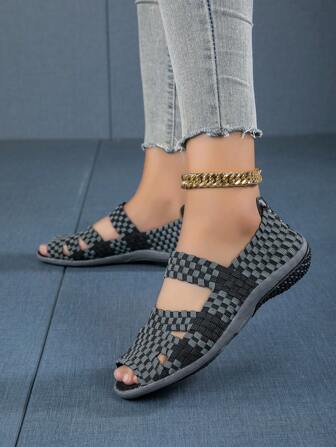 Women Handmade Knit Sandals New Fashion Hollow Elastic Band Open Toe Breathable Non-Slip Comfortable Flat Casual Shoes, Sports Work Shoes