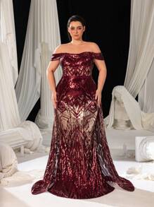 Faeriesty Plus Đầm dạ hội trang trọng hở vai, viền đuôi cá, đính sequin, dành cho khách dự tiệc cưới, tốt nghiệp, tiệc tối - Màu Đỏ Sâu - Xem 5