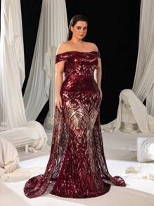 Faeriesty Plus Đầm dạ hội trang trọng hở vai, viền đuôi cá, đính sequin, dành cho khách dự tiệc cưới, tốt nghiệp, tiệc tối - Màu Đỏ Sâu - Xem 2