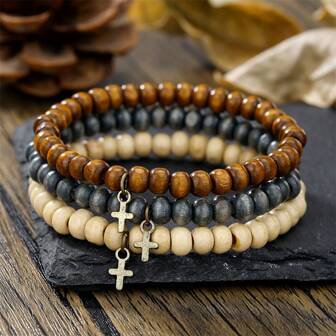 3pcs/Set Men's Vintage Punk Style Wood Slice, Cross Pendant, Multi-Layer Fashion Bracelet Set