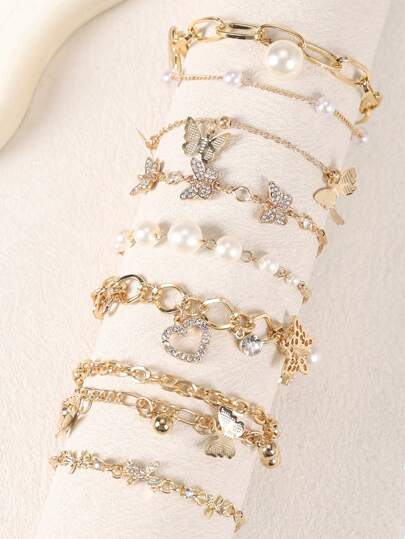 8pcs/1pc Gorgeous Butterfly Pearl, Rhinestone & Cubic Zirconia Charm Bracelet Set, Suitable For Daily Wear And Parties