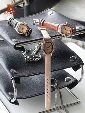 DOUKOU 1PC Vintage Roman Style Casual Elegant Brown Crocodile Embossed Barrel-Shaped Exquisite Small Dial Quartz Watch For Women. Cute, Fashionable And Beautiful, Suitable For Daily Work And Life , Dinner Party And Other Occasions To Decorate The Wrist,As A Gift For Students Returning To School,Ideal For Birthday Gift Christmas Gift