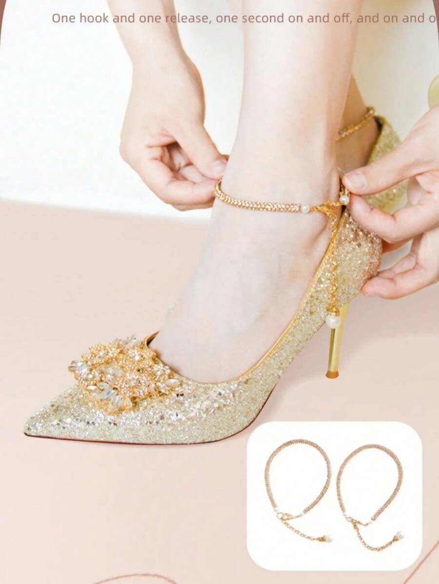 1 Pair High Heel Non-Slip Shoelaces, Rhinestone Elastic Band Anti-Slip Chain, Adjustable Shoelaces, Ankle Fixing Elastic Shoe Laces Accessories - Multicolor - View 1