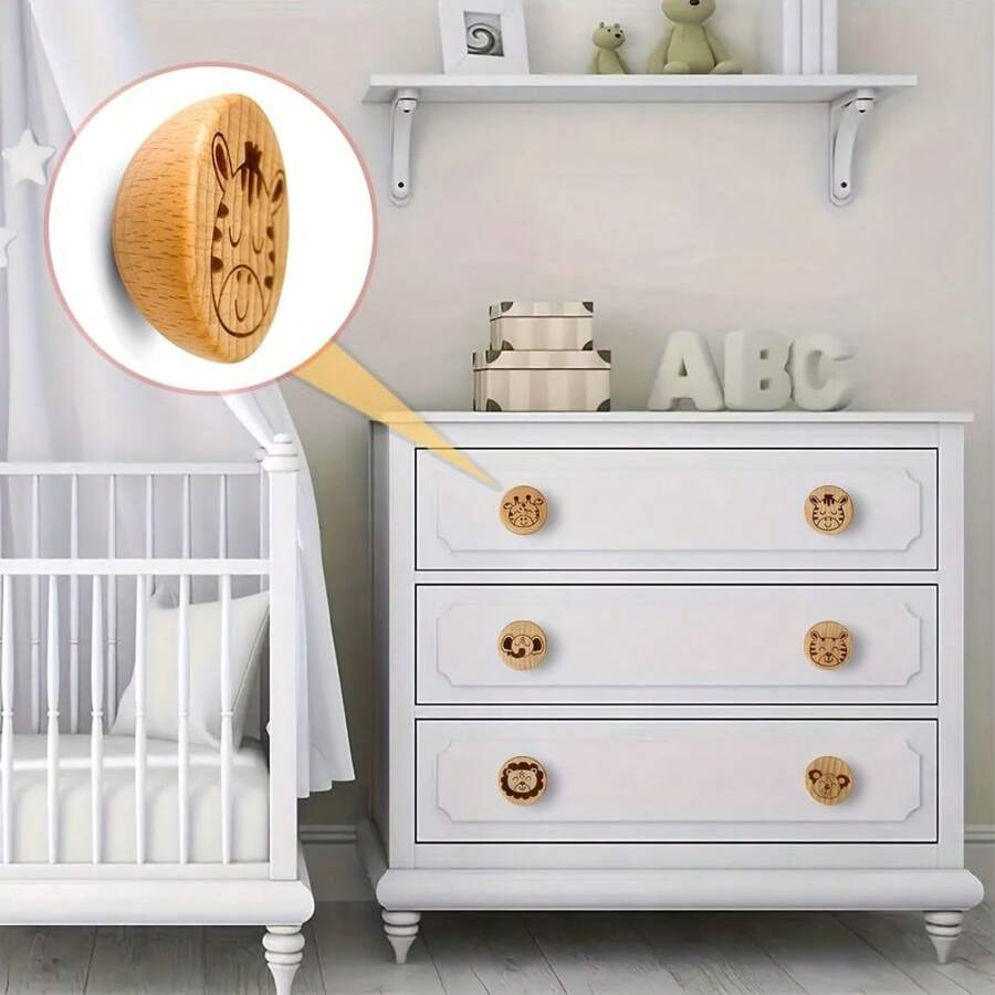 6pcs Handcrafted Beech Wood Animal Knobs - Unique Engraved Design For Dresser & Kitchen Cabinets, Single Hole Drawer Pulls With Screws Included