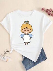 Cute Angel Printed T-Shirt Blouse Women's Fashion Casual Premium Cotton - 白色的 - 查看 1