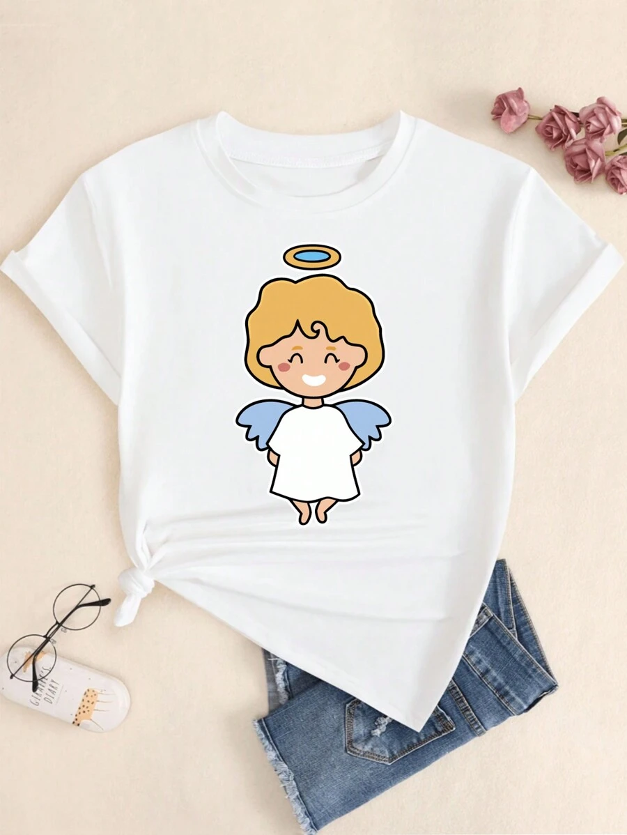 Cute Angel Printed T-Shirt Blouse Women's Fashion Casual Premium Cotton - 白色的 - 查看 1