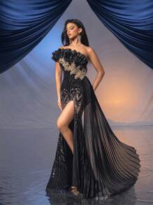 QOQ 迷人高档串珠礼服女式优雅晚礼服，适合晚宴、生日派对、周年庆典，黑色网眼荷叶边单肩鱼尾下摆毕业礼服 - 黑色 - 查看 3