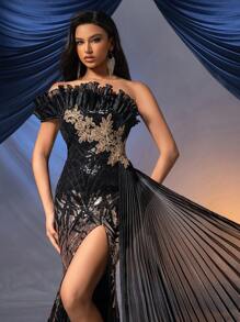 QOQ 迷人高档串珠礼服女式优雅晚礼服，适合晚宴、生日派对、周年庆典，黑色网眼荷叶边单肩鱼尾下摆毕业礼服 - 黑色 - 查看 8