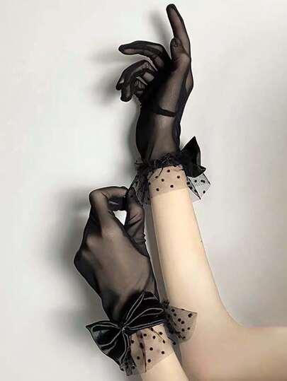 1 par de guantes de malla y encaje vintage para mujer con decoración de moño, para vestido de noche/atuendo formal, Día de San Valentín