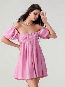 Women Puff Sleeve Babydoll Dress Square Neck Tie Up Mini Sundress Summer Y2k Solid Off Shoulder Flowy Short Dresses - Hồng - Xem 4