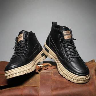 Stivali da neve in pelle con fodera termica e alta caviglia per uomo, antiscivolo, ammortizzanti, traspiranti, scarpe casual sportive invernali alla moda [Colore - Beige], abbinabili a giacca