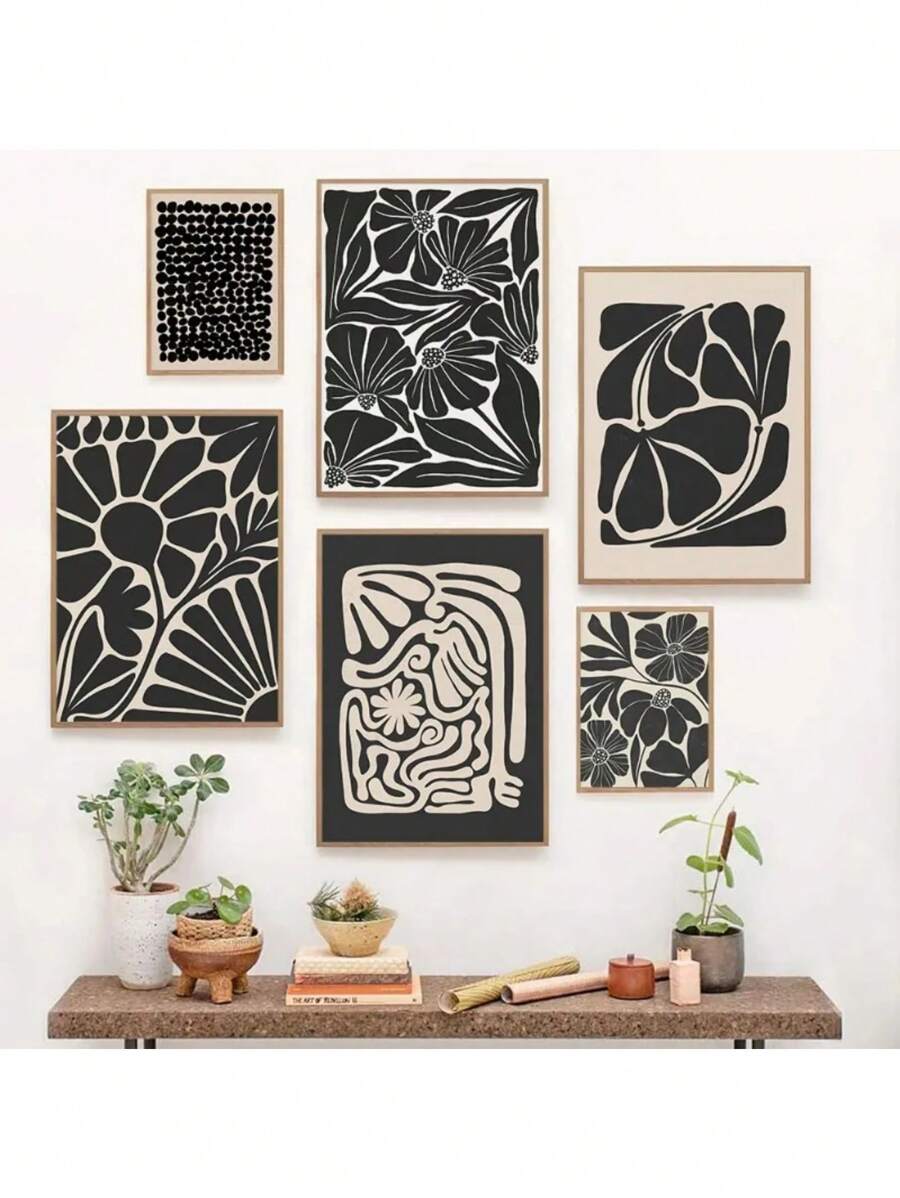 1pc Mid Century Neutral Beige Black Abstract Plant Botanical Flower Poster In Canvas Tranh Tường Hình Ảnh Cho Phòng Trang Trí Nội Thất Không Có Khung - Nhiều màu - Xem 1