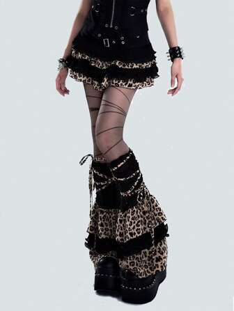 polve 1 Pair Subculture Wasteland Style Dopamine Inspired Chic Leopard Print Leg Warmers With Pom Pom Lace-Up, Slimming Look For Women Valentine's Day