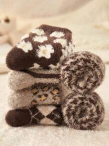 1 đôi/5 đôi tất nữ cổ cao dày dặn, họa tiết ngẫu nhiên, chất liệu nhung lông chồn, ấm áp, kiểu dáng Anh cổ điển cho mùa thu/đông. - Nhiều màu - Xem 7