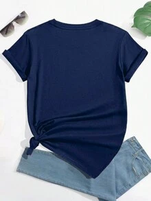 Merry Christmas Leopard Print Round Neck Short Sleeve Women T-Shirt - Dark Blue - View 2