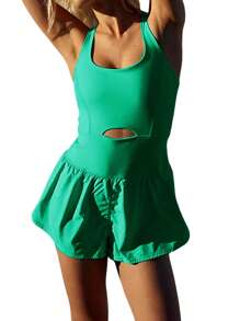 Women Solid Color Cami Playsuits Sleeveless Sports Short Jumpsuits Summer Cross Backless Romper Tracksuits - Green - View 2