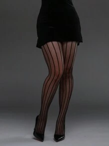 1pc Vertical Striped High Elasticity Fishnet Leggings, Sexy Tight Stockings Gothic Punk Fashion