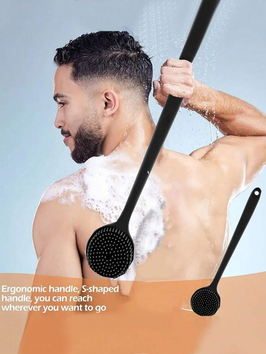 Double Sided Silicone Back Scrubber, 1 Long Handled Soft Silicone Massage Bath Brush - Gentle Back Scrubber, Deep Cleansing And Skin Care, Promotes Blood Circulation, Battery Free, Used For Bathroom Small Tools Home Bathroom Decor Summer - Black - View 1