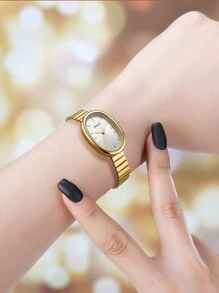 1件女款不鏽鋼錶帶極簡石英手錶，百搭時尚腕錶 - 金色 - 查看 5